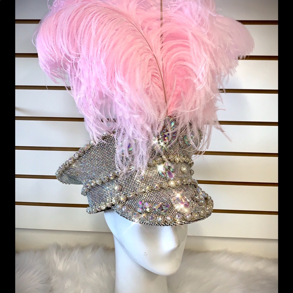 NEW-Burning man military crystal hat with feathers